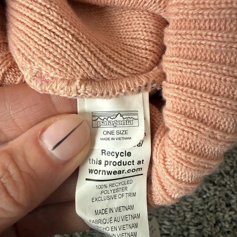 Patagonia Kids Light Pink Pom Beanie and Navy Winter Gloves